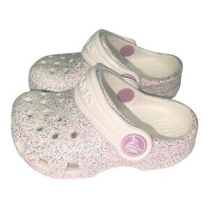 Crocs Kids Classic Glitter Clog C4 Toddler Girls White Pink Sparkle Shoes NWT